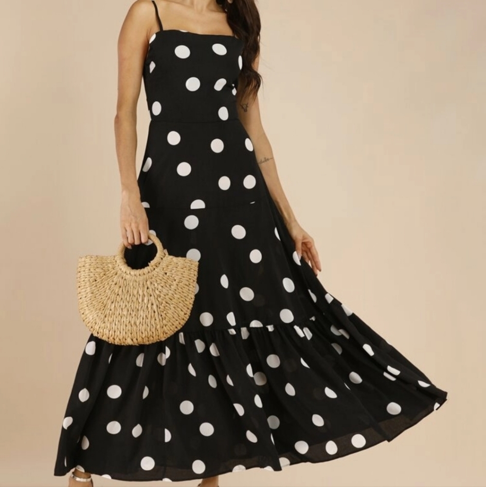 Black & White Polka Dot Ruffle Hem Cami Maxi Dress Small - Picture 4 of 4